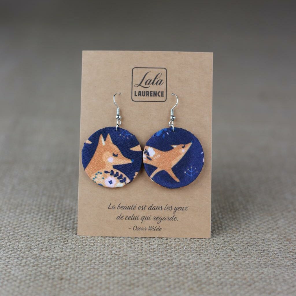 Boucles d’oreilles artisanales motif renard – tissu coton bio et argent 925
