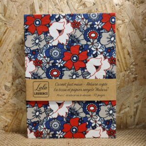 Carnet en tissu et reliure copte « Fleurs bleues blanches rouges »