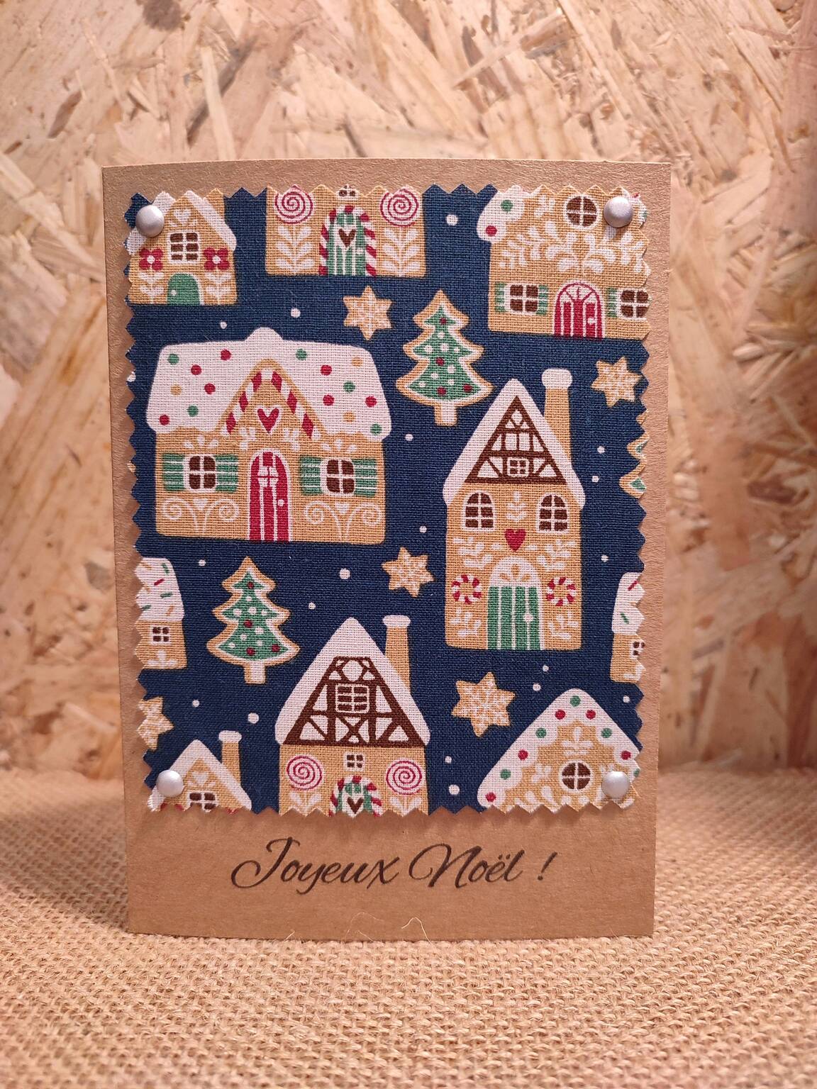 Carte en papier et tissu Joyeux Noël Maisons en pain d'épices